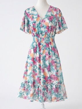 Stella & Julie Tropical Floral Midi Dress Smocked Waist Flutter Sleeve Sz 8